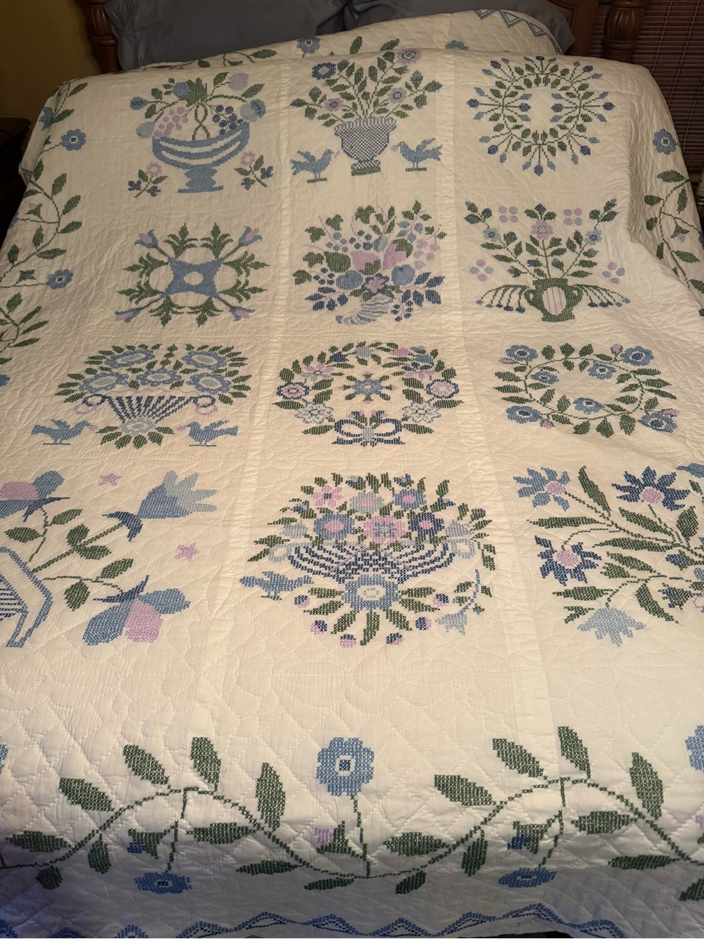 Handmade Cross Stitch Queen Quilt - Baltimore Album Sampler Cottagecore